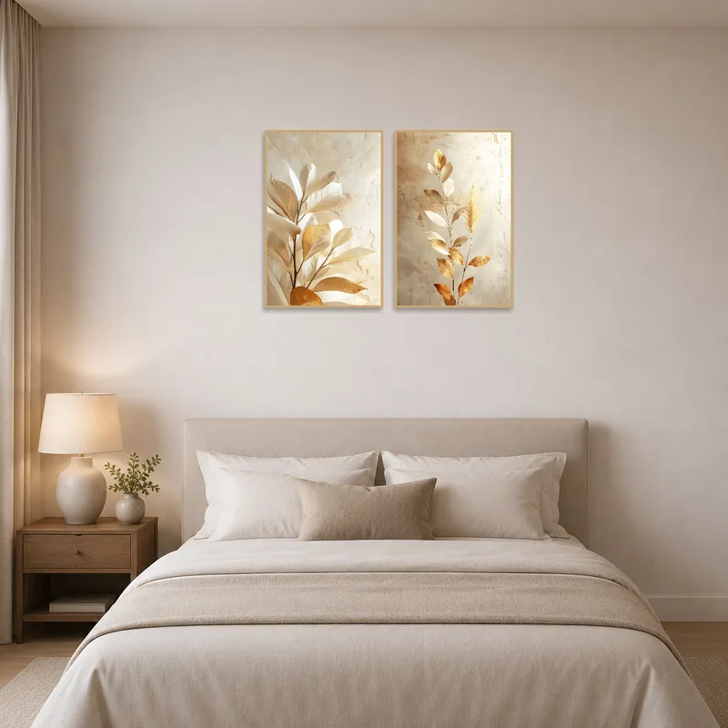 Neutral botanical set introduces tranquility above the bed.
