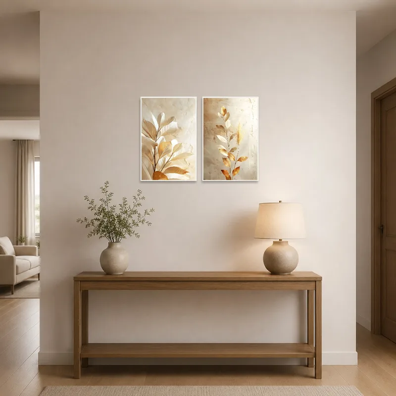 Botanical set with golden leaves offers a welcoming touch in the entrance hall.