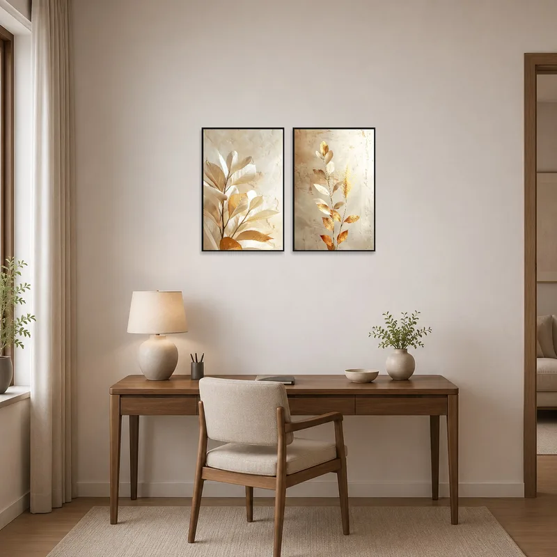 Golden leaves artwork enhances the sophistication of a home office wall.