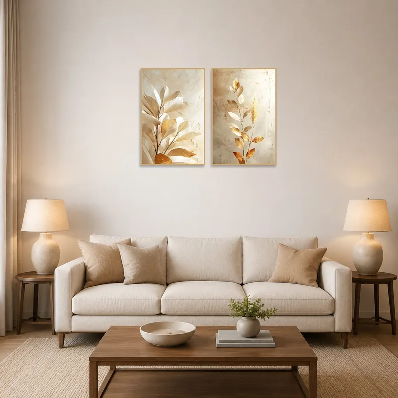 Botanical art with golden leaves adds elegance above the sofa in the living room.