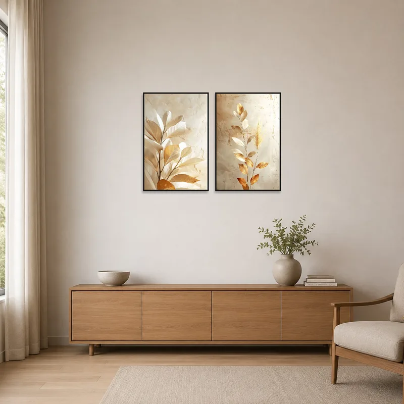 Gold leaf botanical prints blend into a minimalist room's soothing color palette.