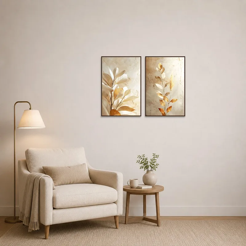 Golden leaf designs bring nature-inspired charm to a cozy reading corner.
