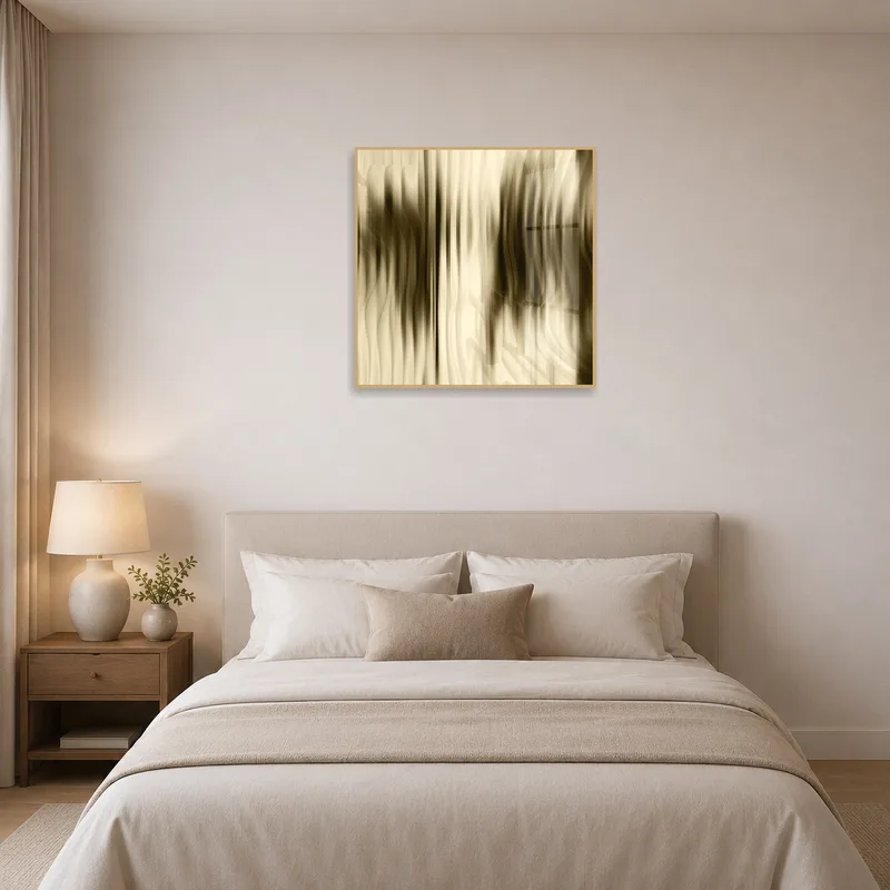 Neutral tones flow art creates a serene ambiance in the bedroom.