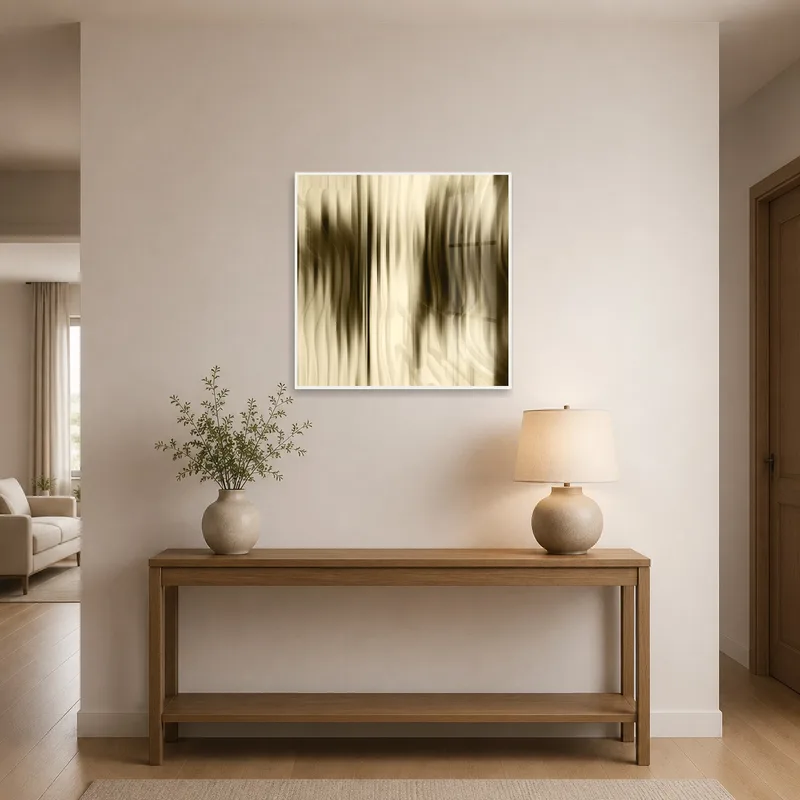 Neutral abstract flow art welcomes guests in the entrance hall.