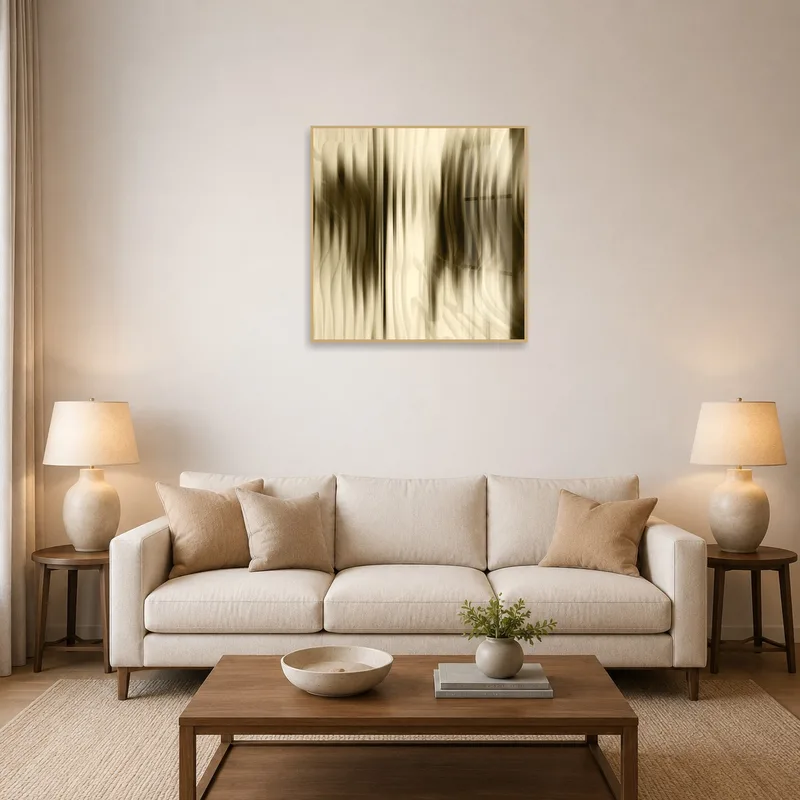 Abstract flow art in neutral tones adds elegance to the living room wall.