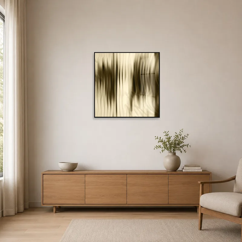Minimalist room with a neutral-toned abstract art as the focal point.