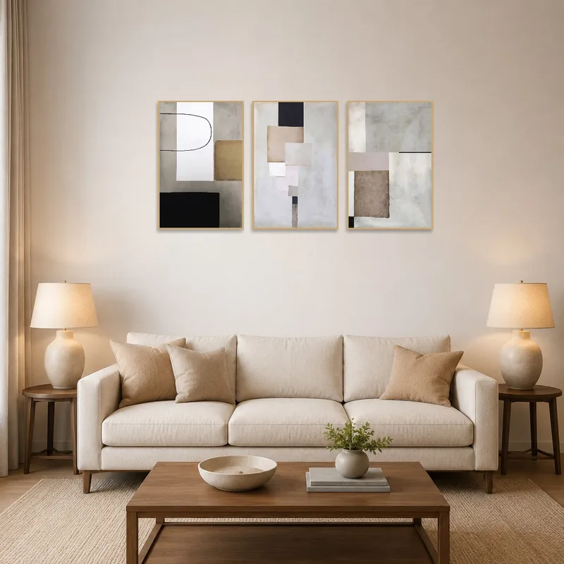Neutral geometric abstract triptych above a modern sofa in a spacious living room.