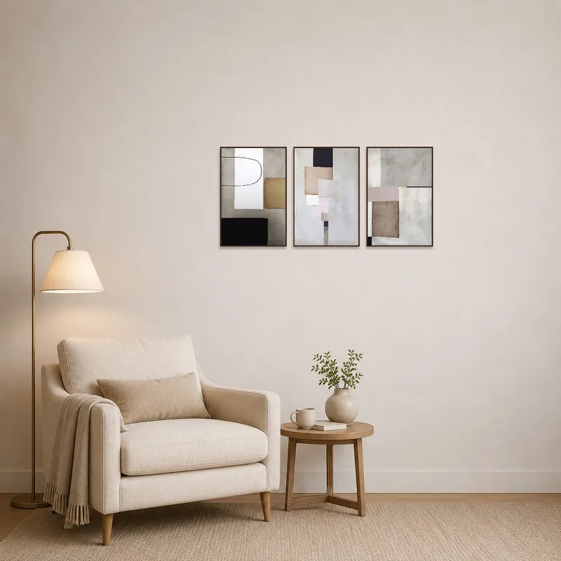 Neutral tones abstract art adds subtle flair to a cozy reading corner.