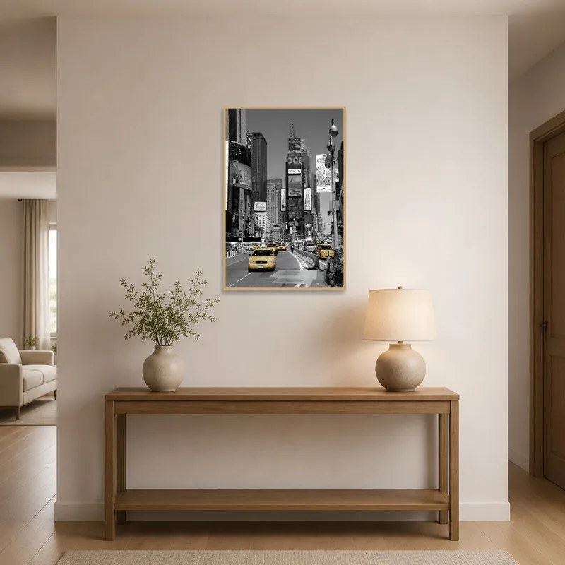 Vibrant NYC taxis artwork welcoming guests in an entrance hall.
