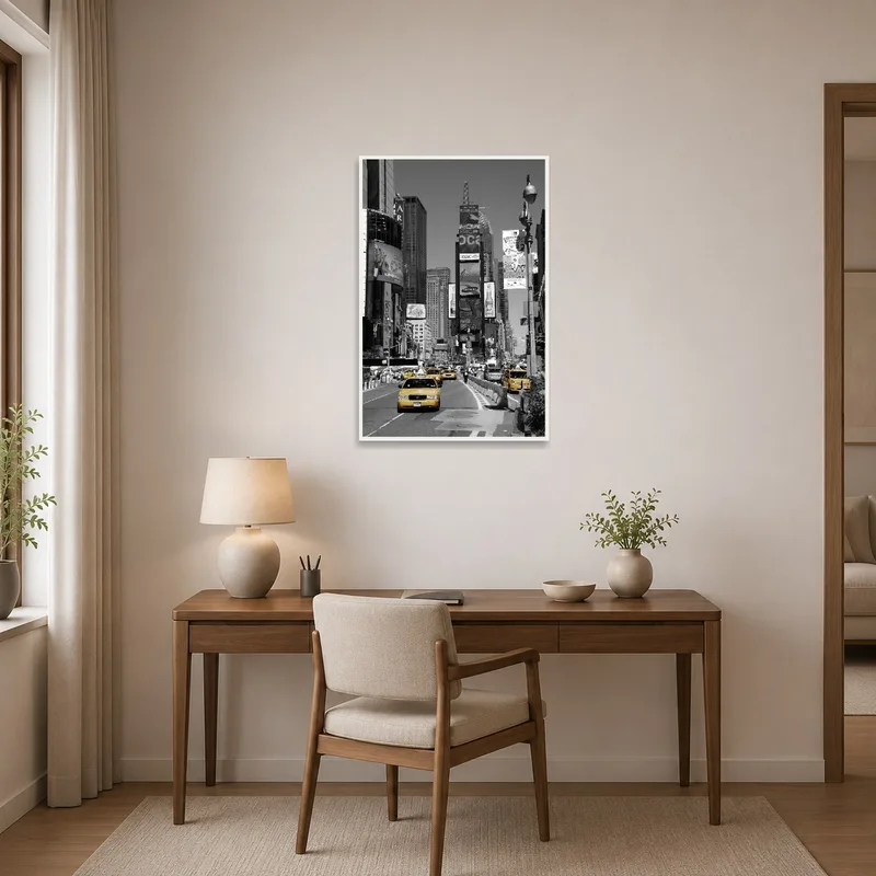 Yellow taxis urban piece inspiring creativity in a home office.