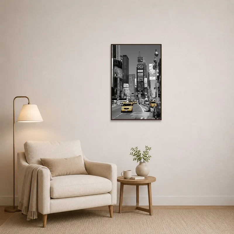 NYC taxi art piece adds vibrancy to a reading corner with a comfy chair.