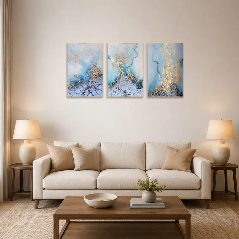 Abstract oceanic triptych adds depth above a modern living room sofa.