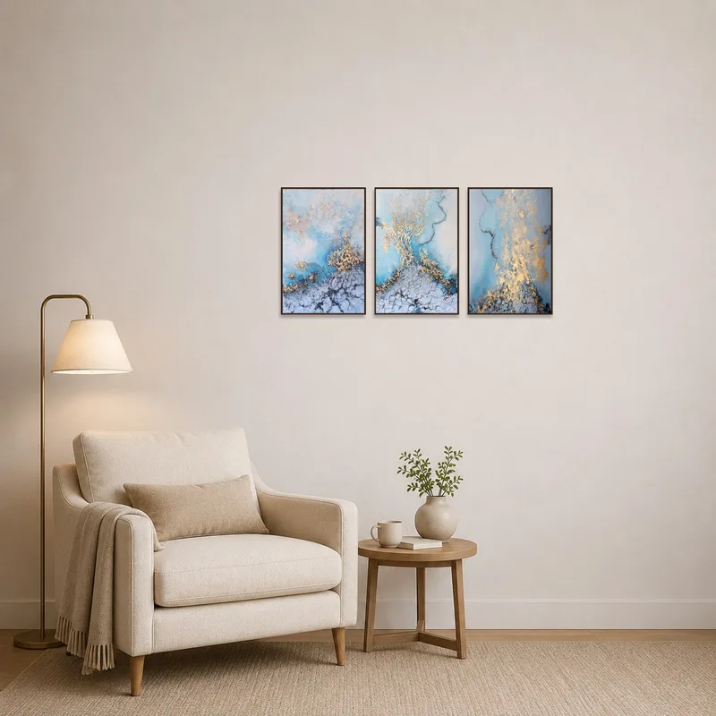 Calming oceanic triptych brings tranquility to the reading corner.