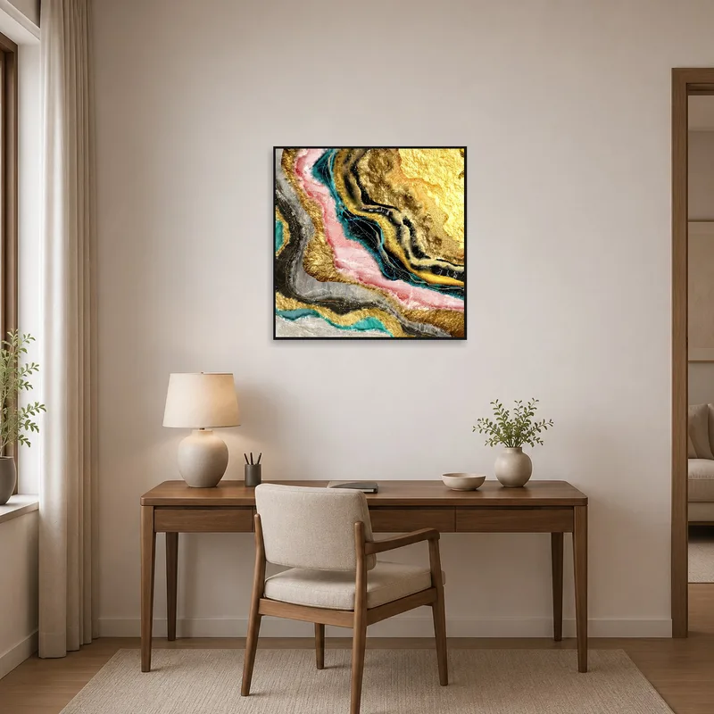 Opulent abstract artwork inspiring creativity in a home office.