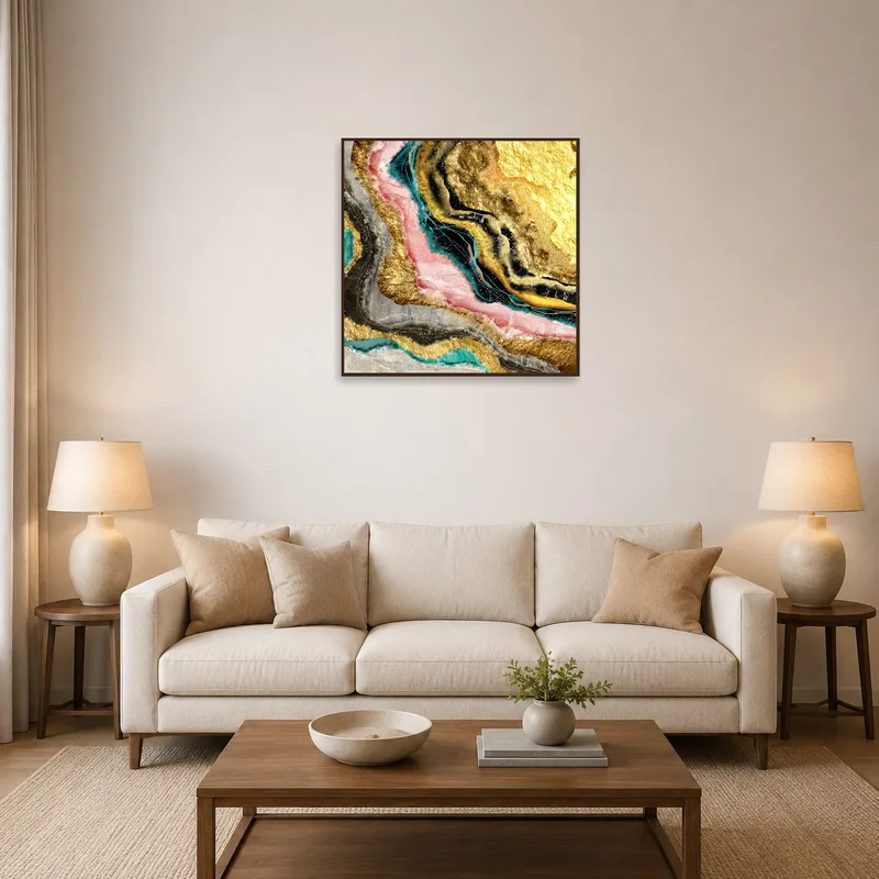 Abstract geode artwork adding elegance to a cozy living room.