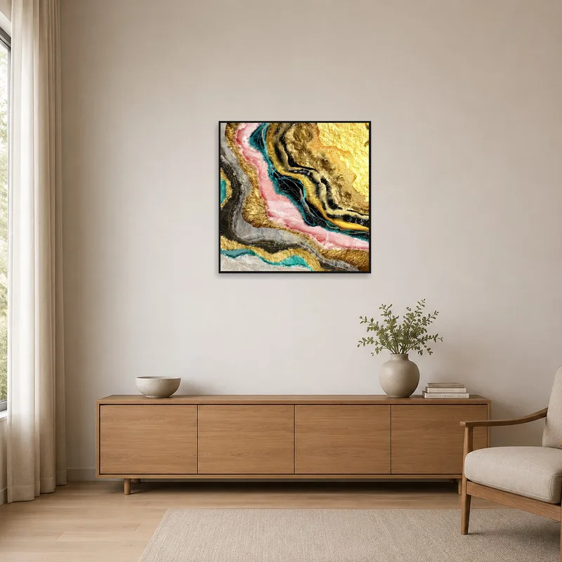 Geode-inspired artwork enhancing a clean minimalist space.