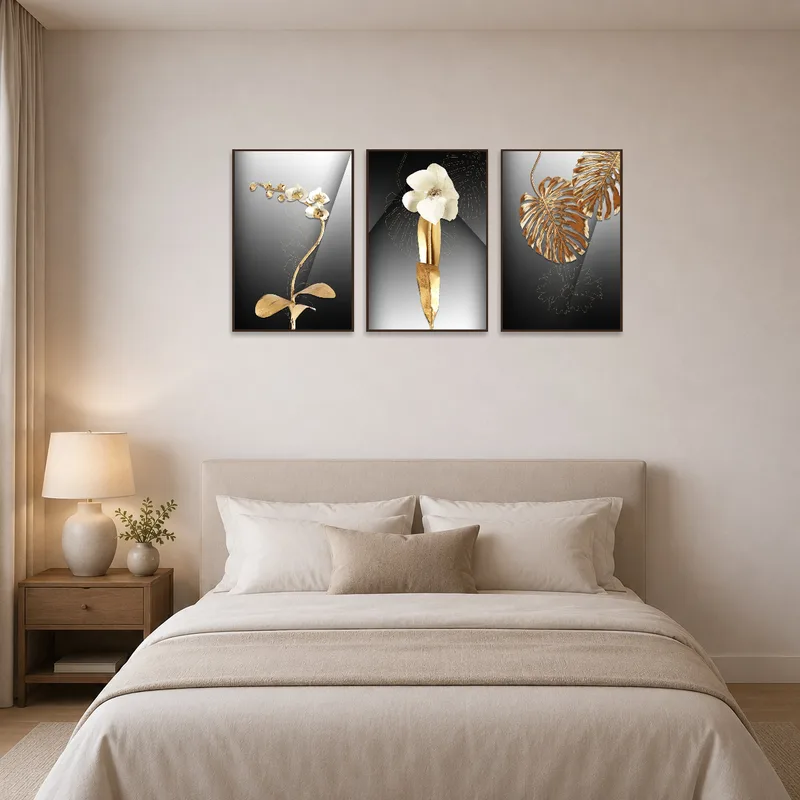 Elegant orchid and leaf set adorns a serene bedroom wall.