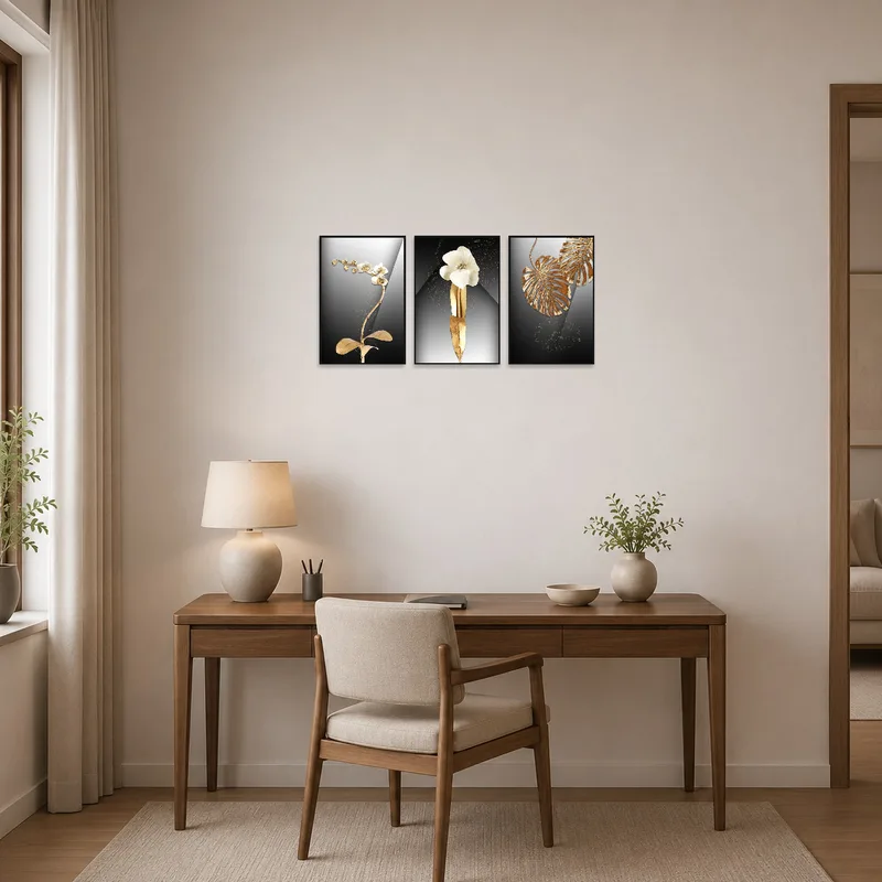 Orchid and leaf metallic artwork enhancing a productive home office space.
