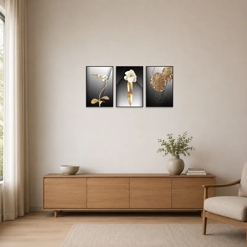 Orchid and leaf triptych set on a clean wall, complementing a minimalist design.