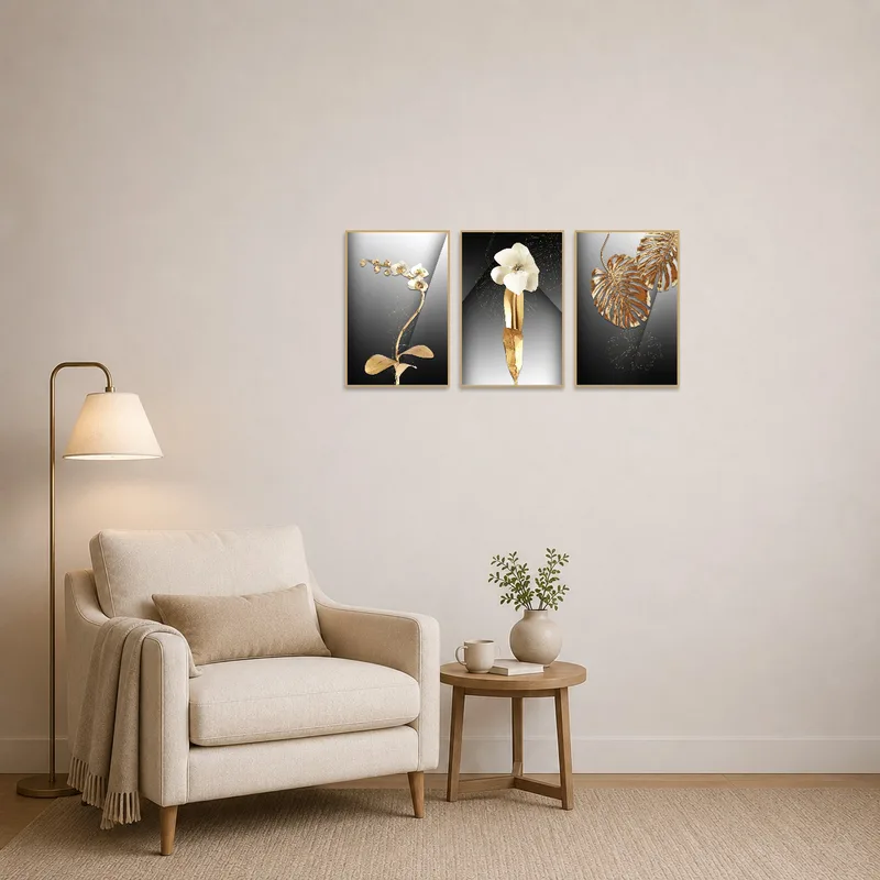 Orchids and leaves metallic triptych adds charm to a cozy reading corner.