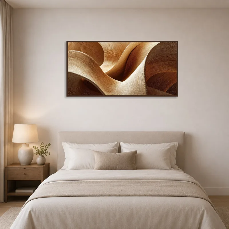 Earthy abstract curves art piece adds elegance to a serene bedroom.