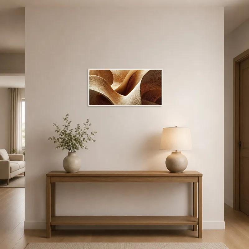 Abstract art with natural tones welcomes guests in a modern entrance hall.