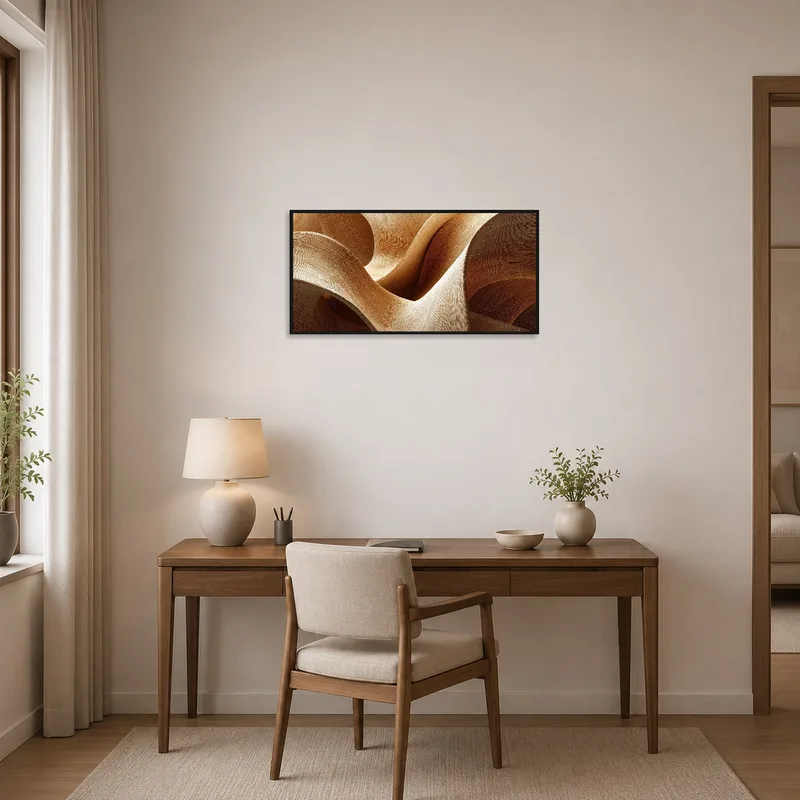 Natural tones and curves art inspire calm in a contemporary home office.