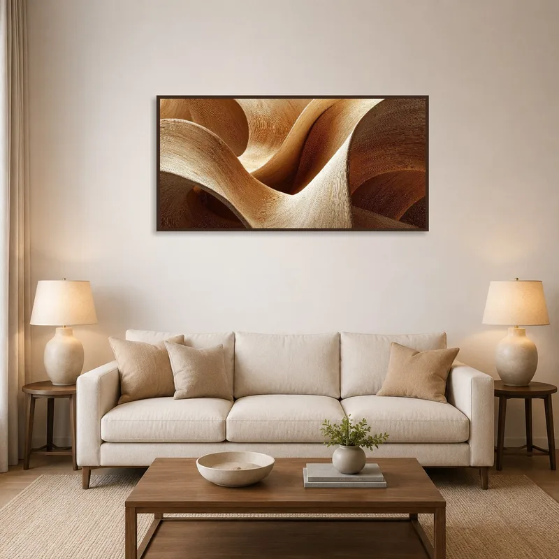 Artwork with flowing organic curves in natural tones hangs in a stylish living room.