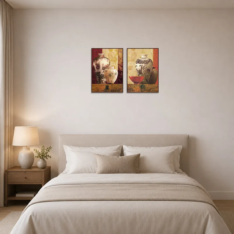 Bedroom features a serene ambience with oriental ceramic vessel art.