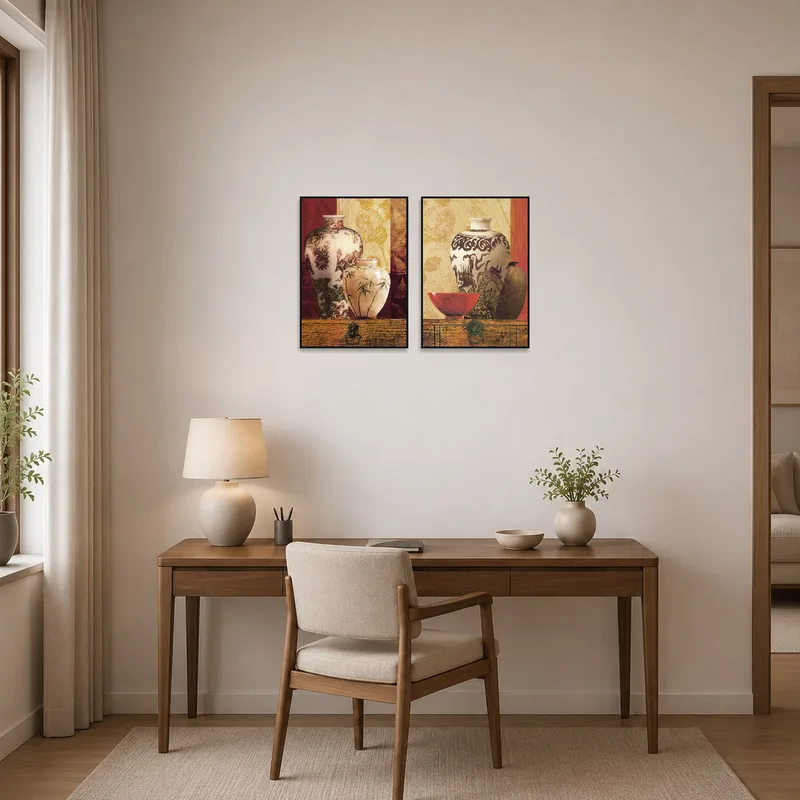 Home office accented with an art set of elegant oriental ceramic vessels.