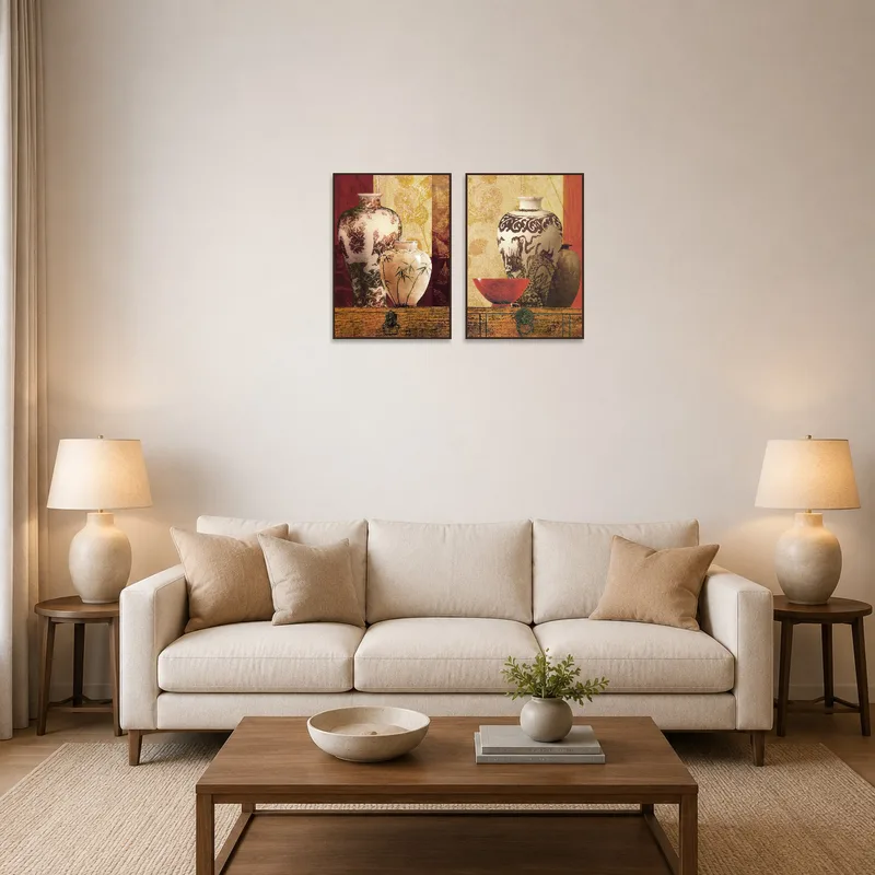 Elegant ceramic vessel art complementing sophisticated living-room decor.