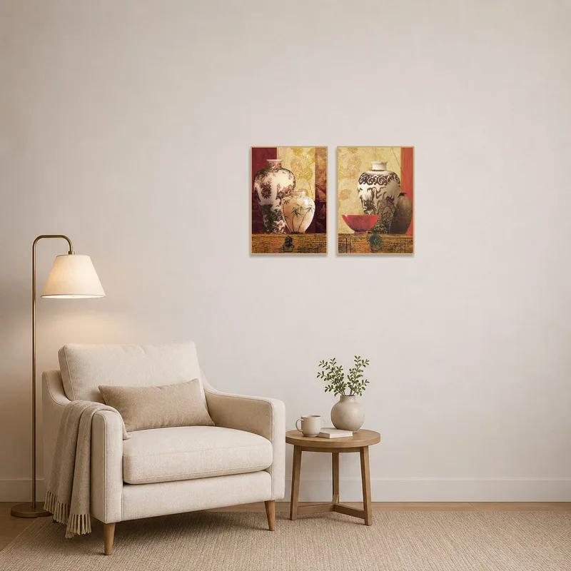 Cozy reading corner with elegant ceramic vessels displayed artfully.