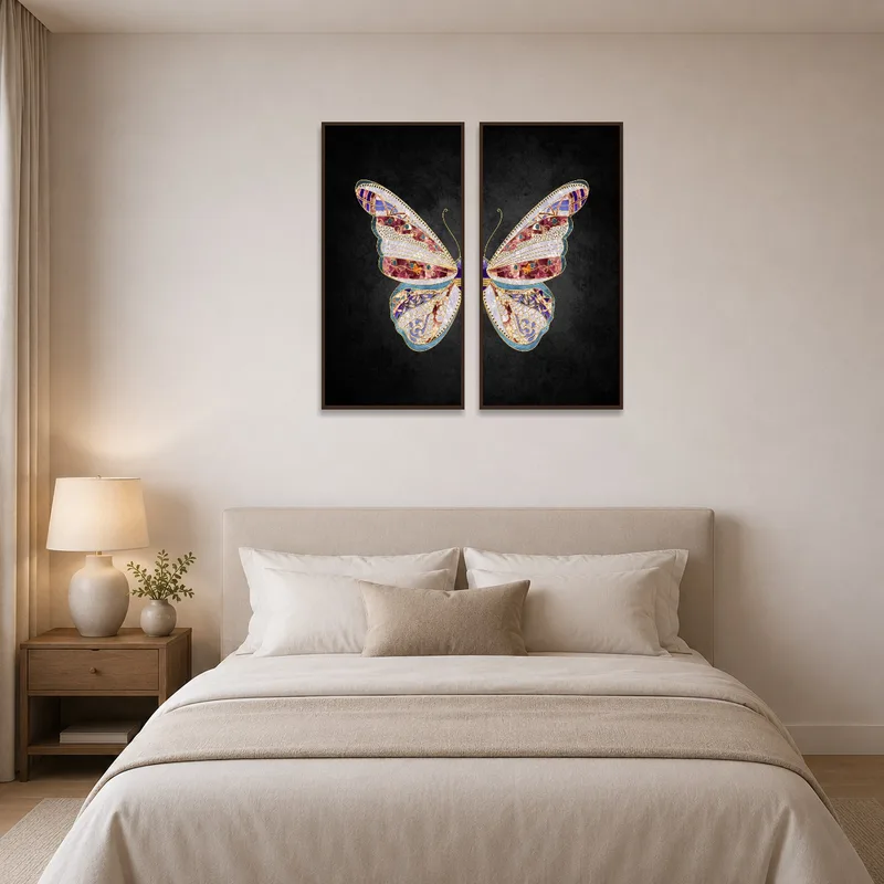 Ornate Butterfly Mosaic Duo art on a dark canvas above a peaceful bedroom bed.