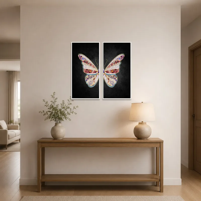 Ornate Butterfly Mosaic Duo art on a dark canvas greeting you in an entrance hall.