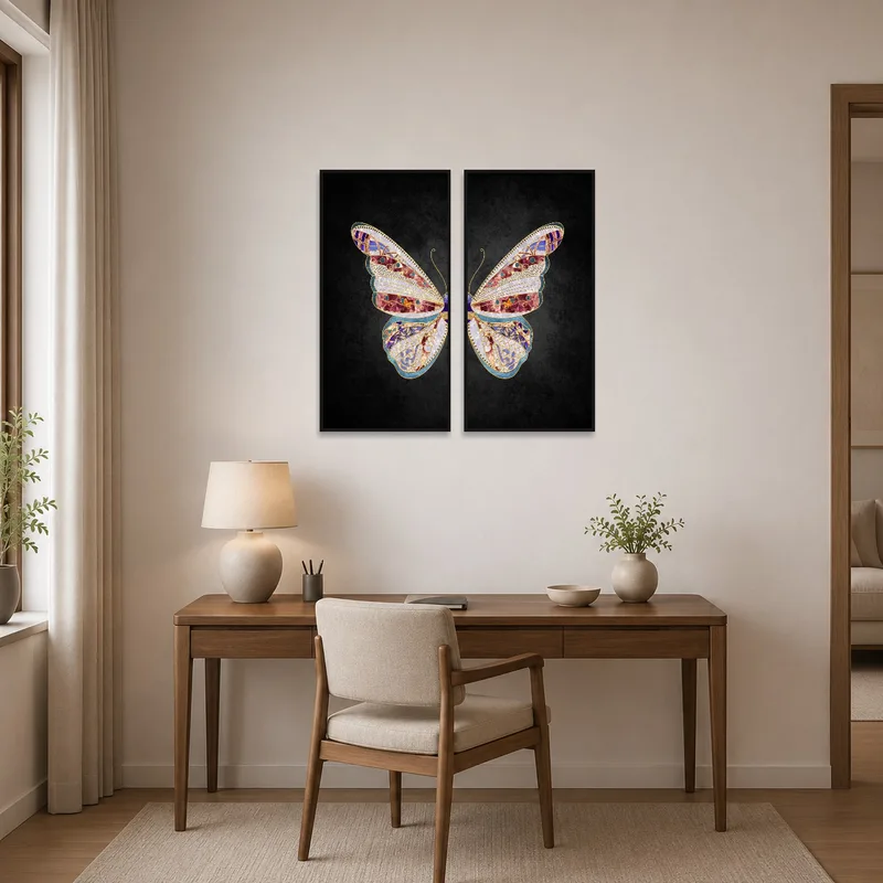 Ornate Butterfly Mosaic Duo art on a dark canvas bringing elegance to a home office.