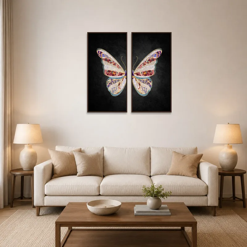 Ornate Butterfly Mosaic Duo art on a dark canvas above a comfortable living room sofa.