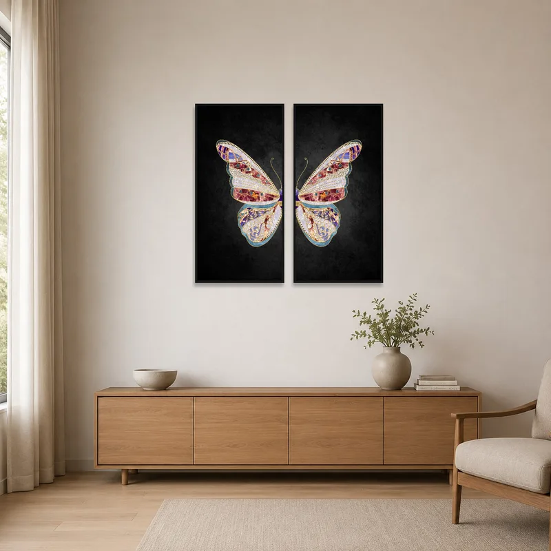 Ornate Butterfly Mosaic Duo art on a dark canvas in a sleek minimalist space.