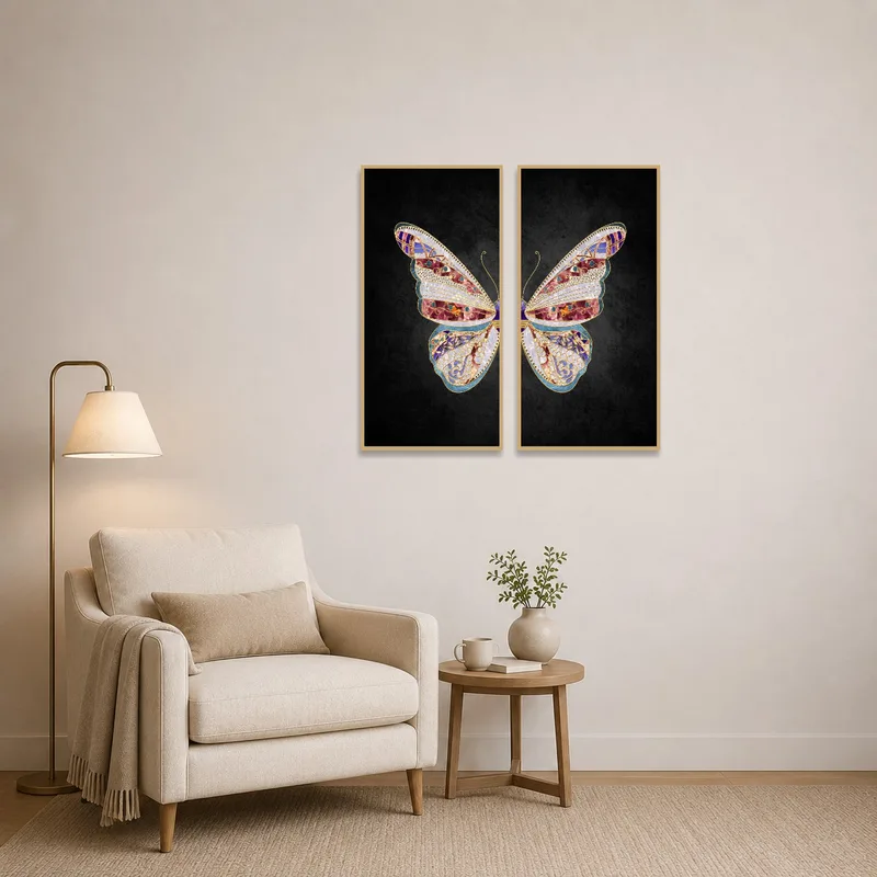 Ornate Butterfly Mosaic Duo art on a dark canvas adding color to a cozy reading corner.
