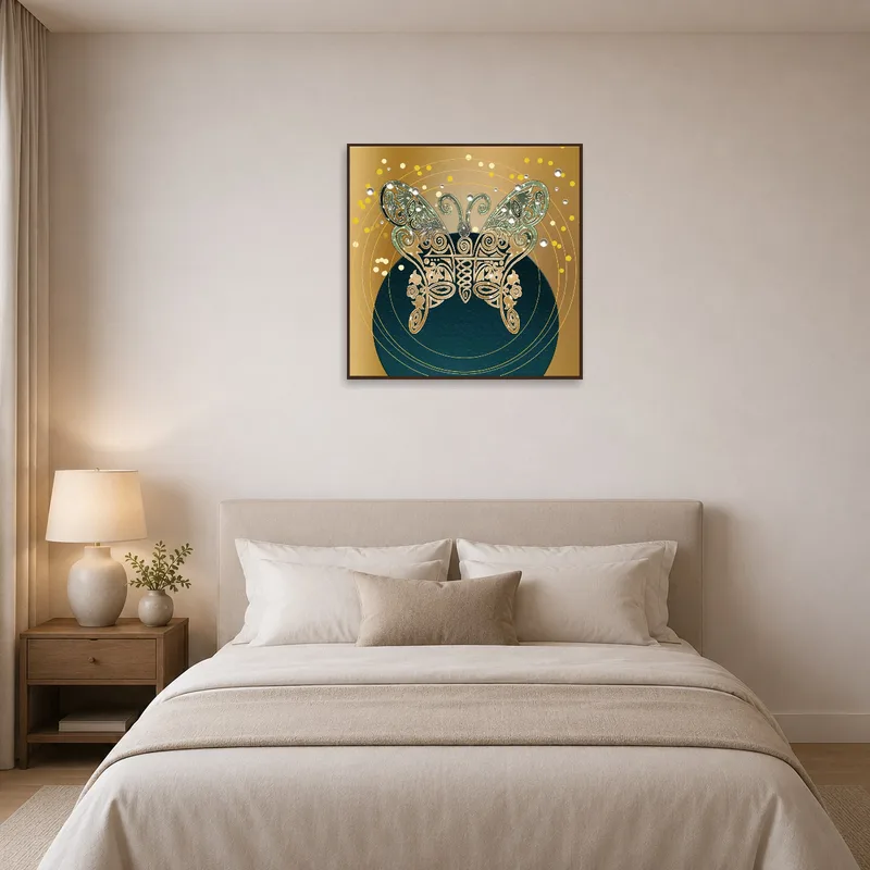 A calming butterfly design adorns the wall above the bed.