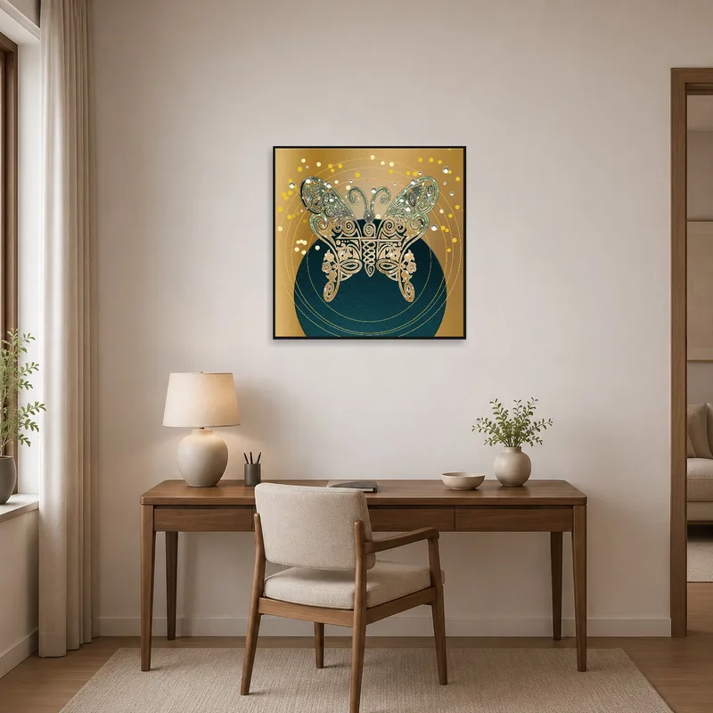 The butterfly art brings a creative touch to the home office wall.