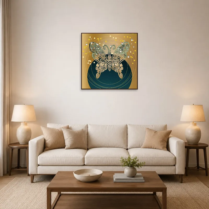The artwork hangs above a plush sofa in a cozy living room setting.