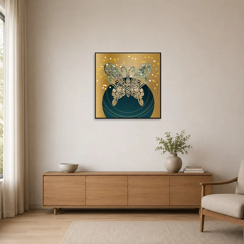 A striking butterfly art piece contrasts with the minimalist decor.