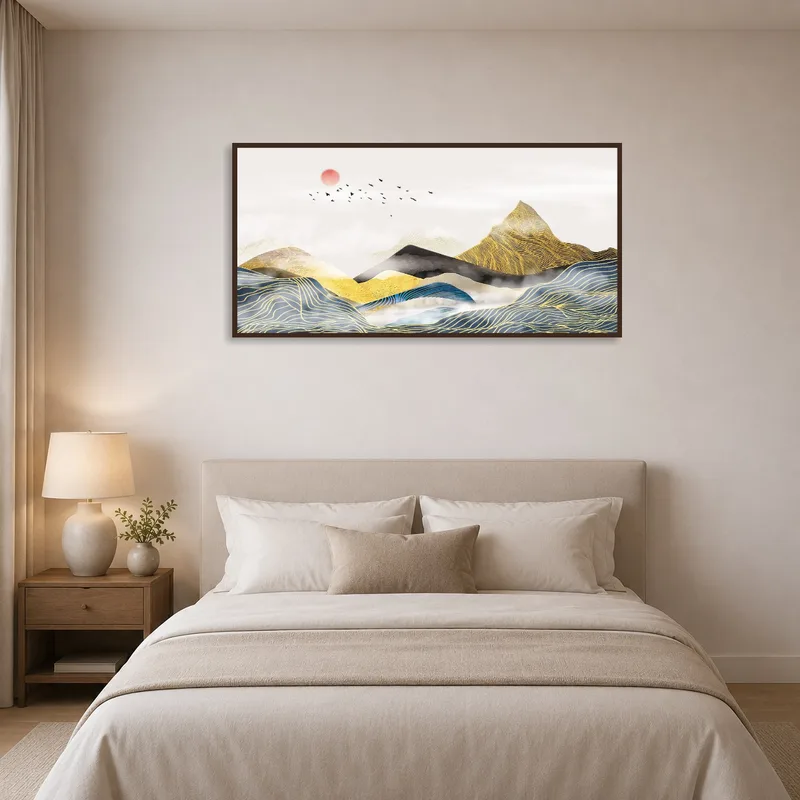 Serene panoramic mountain art adding tranquility to the bedroom.