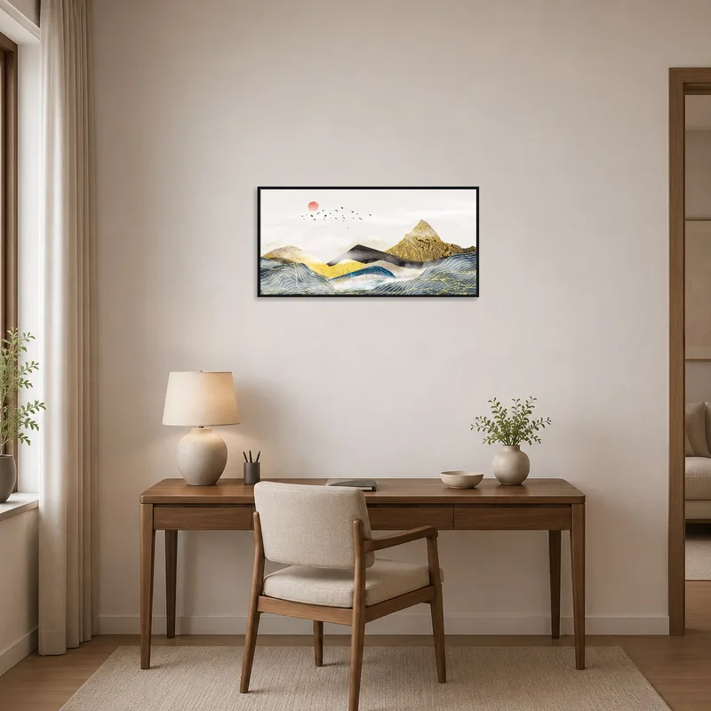 Abstract mountain landscape inspiring creativity in the home office.