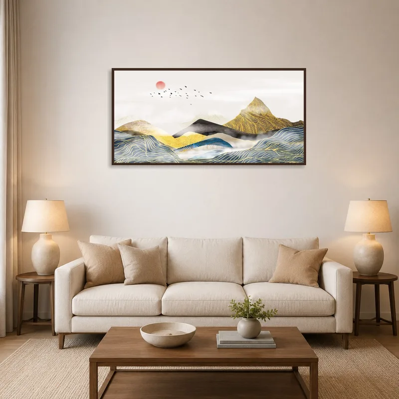 Panoramic abstract mountain artwork above a modern sofa in the living room.