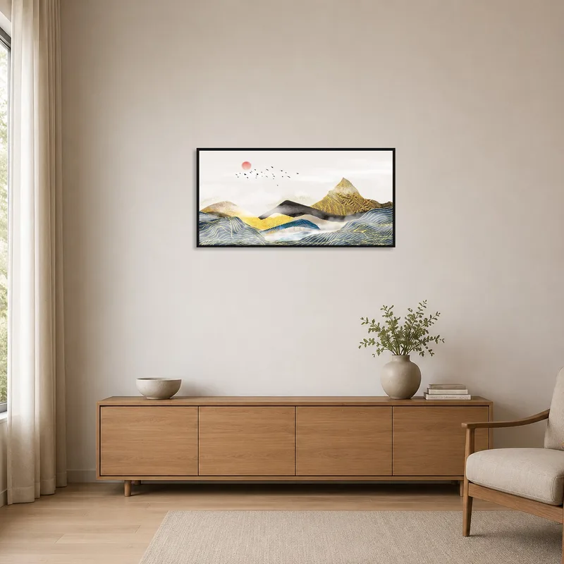 Abstract mountain landscape adding harmony to a minimalist space.