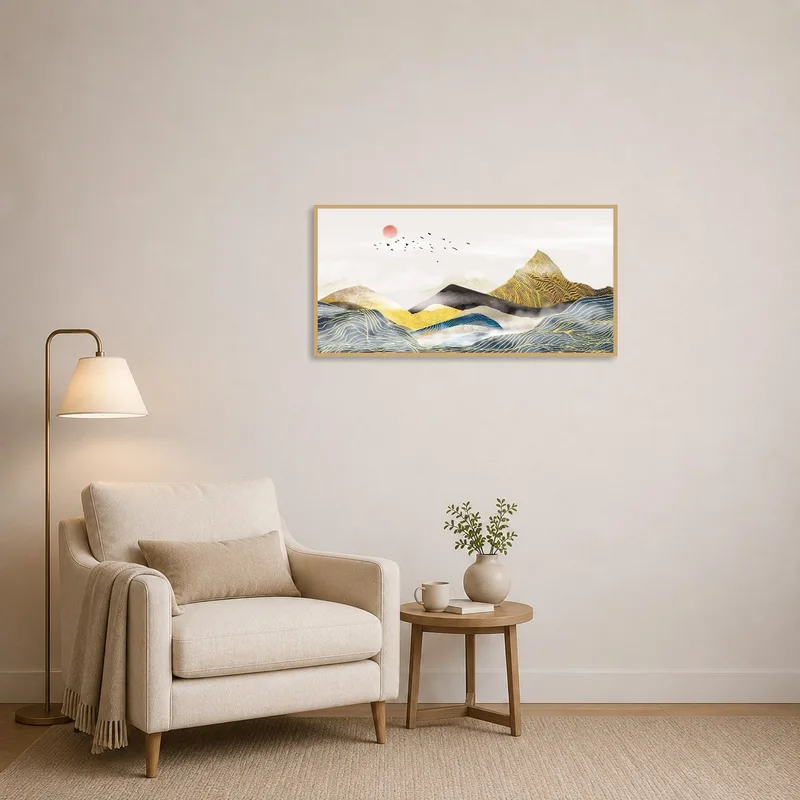 Abstract mountain piece enhancing a cozy reading corner ambiance.