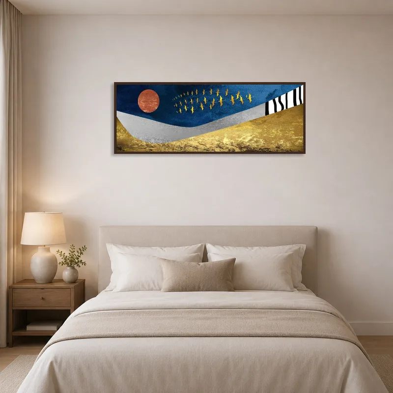 Bird abstract art piece complementing the tranquility of a bedroom setting.