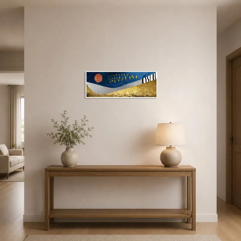 A striking panoramic bird artwork welcoming guests in the entrance hall.