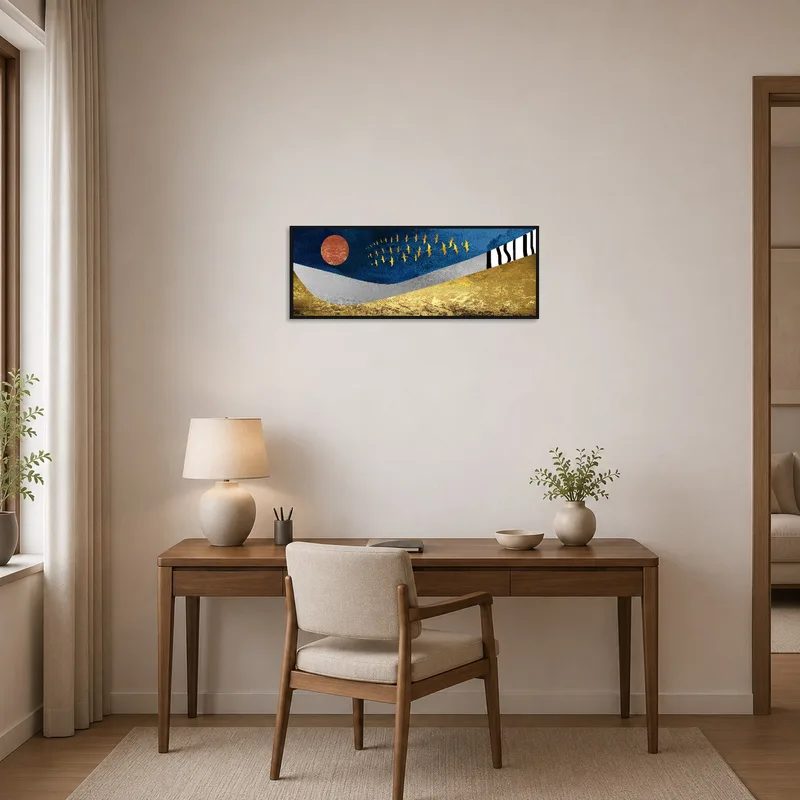 Inspiring bird flight art adding elegance above a desk in a home office.